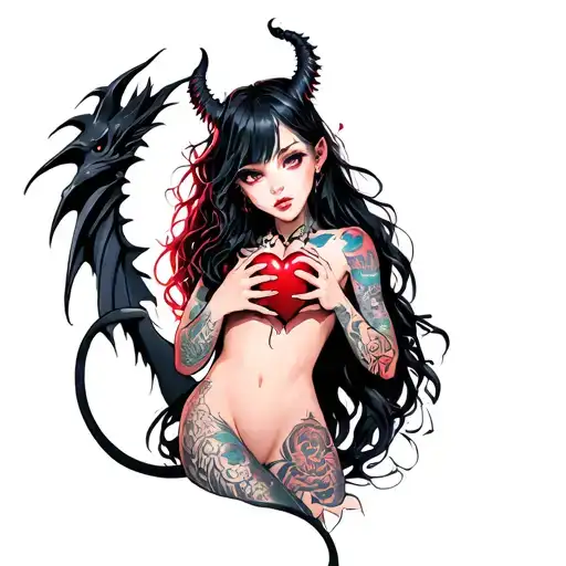 Tattooed Anime Demon Girl Holding A Shattered Heart Surrounded By A Voodoo Black Dragon