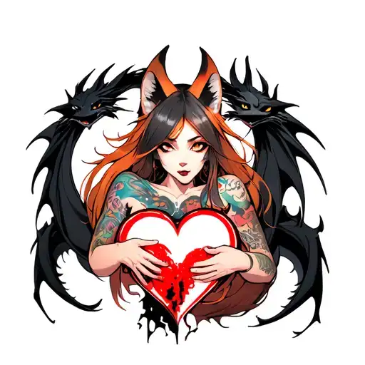 Tattooed Anime Demon Fox Woman Holding A Shattered Heart With A Heart Shaped Black Dragon Surround