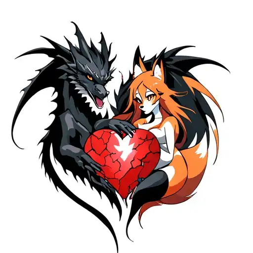 Tattoo Of A Black Dragon Wrapped Around A Shattered Heart Held By A Fox Woman