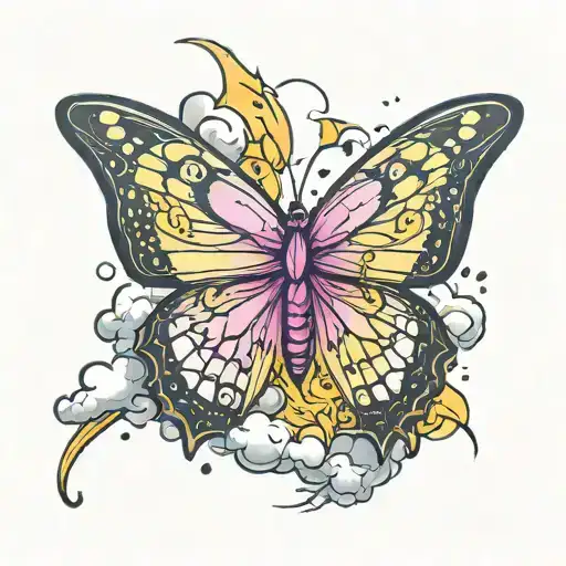 Butterfly Wings On Fire Rising Pink And Yellow Peeking From The Clouds