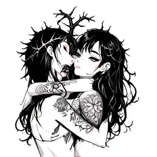 Black Thorny Heart Being Hugged By Beautiful Anime Woman With