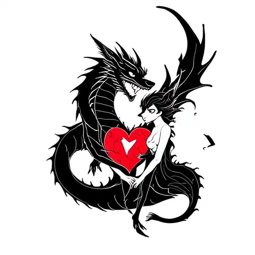 Tattoo Of A Black Dragon Wrapped Around A Shattered Heart Held By A Fox Woman