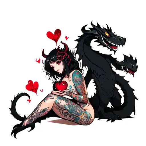 Tattooed Anime Demon Girl Holding A Shattered Heart Surrounded By A Voodoo Black Dragon