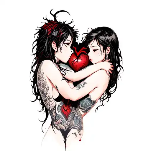 Black Thorny Heart Being Hugged By Beautiful Anime Woman With