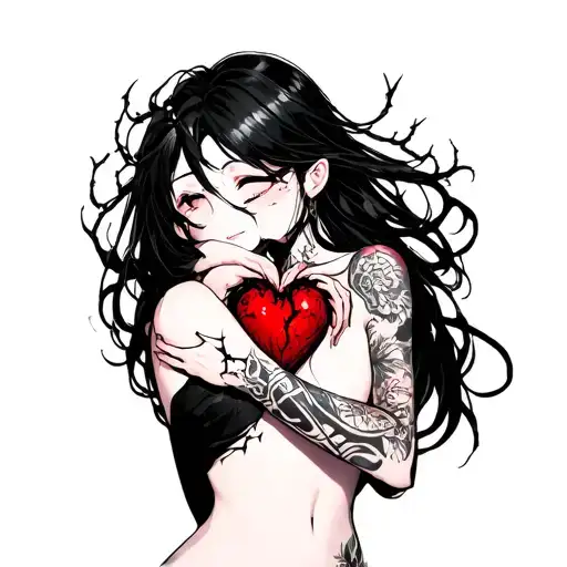 Black Thorny Heart Being Hugged By Beautiful Anime Woman With