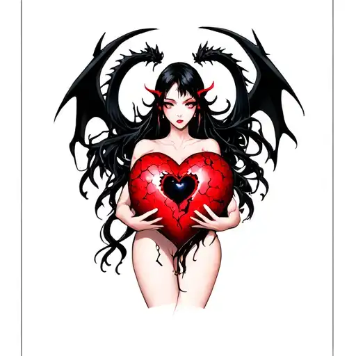 Anime Demon Woman Holding A Shattered Heart With A Heart Shaped Black Dragon Surround