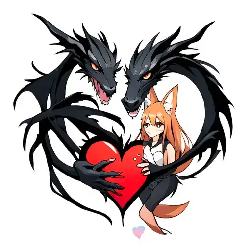 Tattoo Of A Black Dragon Wrapped Around A Broken Heart Held By An Anime Fox Girl
