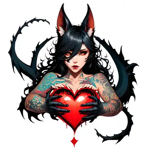 Tattooed Anime Demon Fox Woman Holding A Shattered Heart With A Heart Shaped Black Dragon Surround