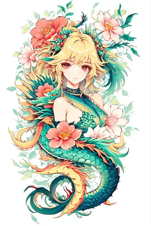 Anime Character Sleeve With Japanese Flowers And Dragon