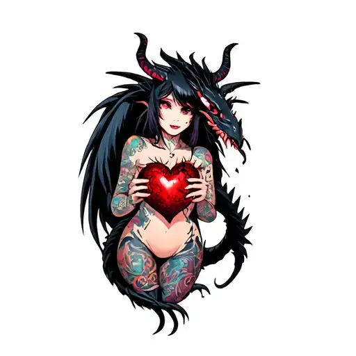 Tattooed Anime Demon Girl Holding A Shattered Heart Surrounded By A Voodoo Black Dragon