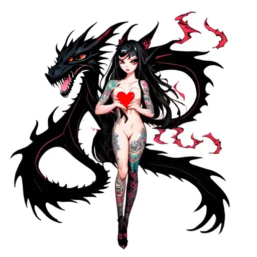Tattooed Anime Demon Girl Holding A Shattered Heart Surrounded By A Voodoo Black Dragon