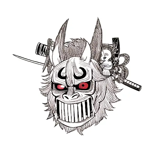 Oni Mask With Samurai Sword Going Through It