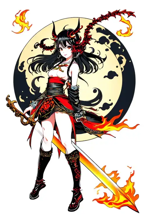 Japanese Demon Girl With Flaming Sword And Moon Background