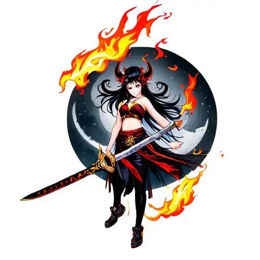 Japanese Demon Girl With Flaming Sword And Moon Background