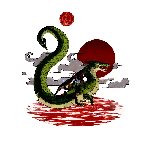 Serpent Dragon Flying Out Of Water With A Blood Moon Behind It