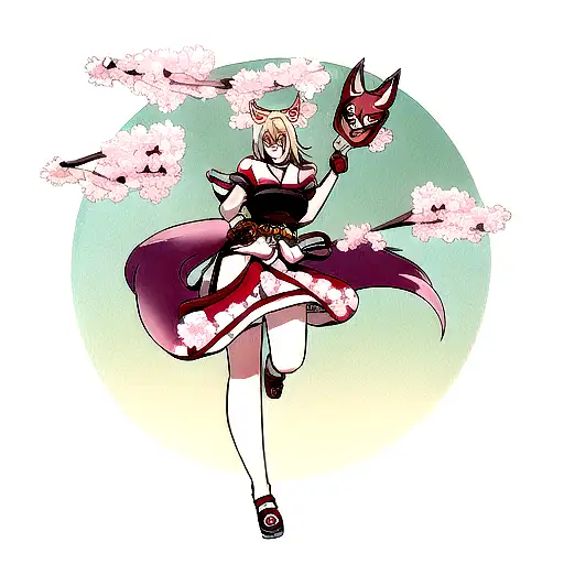Lady Warrior With Kitsune Mask And Cherry Blossom