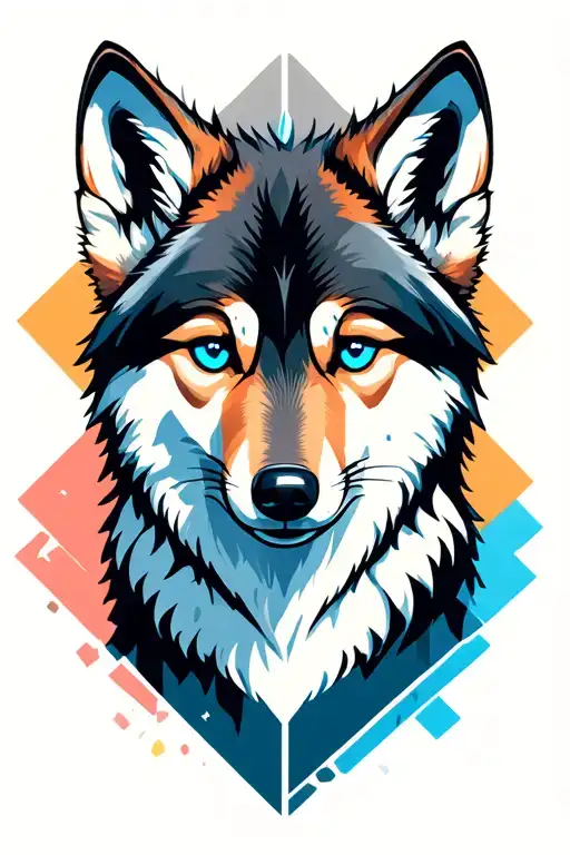 Realistic Baby Wolf With Blu Eyes And Geometric Background