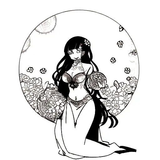 A Dotwork Tattoo Of A Bouquet Of Higanbana Flowers With A Large Full Moon In The Background