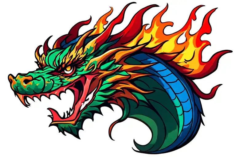 American Traditional Dragon Head With Flames