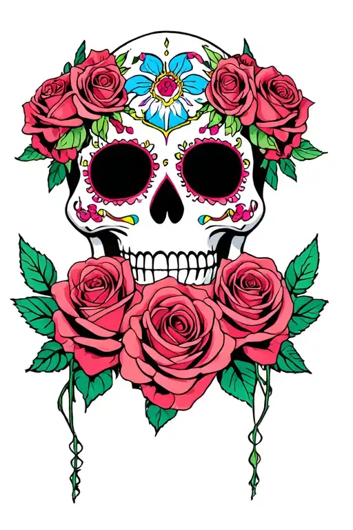 Sugar Skull Surrounded By Roses