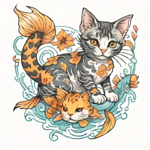 A Whimsical Tattoo Design Featuring A Kitten And Koi Fish Intertwined In A Watercolor Style