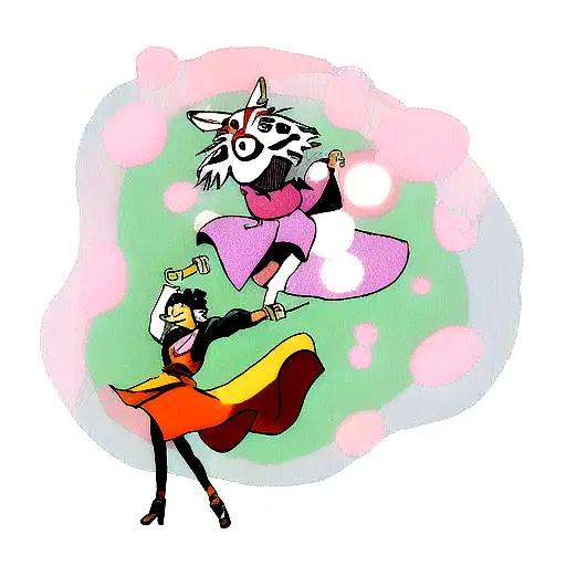 A Jazz Musician Playing Music With Lmononoke Character Dancing Around Them In A Manga Style