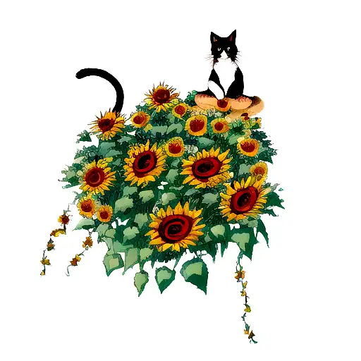 Cat With Sunflowers And Roses
