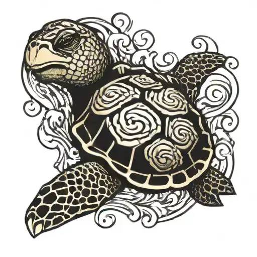 Hawaiian Turtle With Yin Yang Waves Crashing In The Background