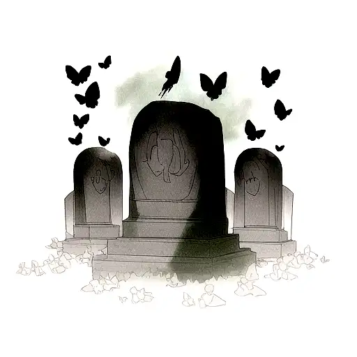Skull With Dark Clouds And Black Butterflies And Gravestones