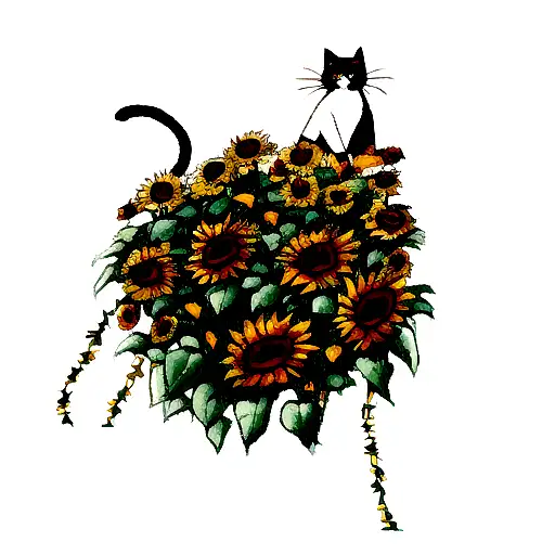Cat With Sunflowers And Roses