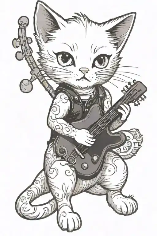 An Elegant Blackwork Tattoo Of A Cute Anime Kitty Holding A Tiny Guitar