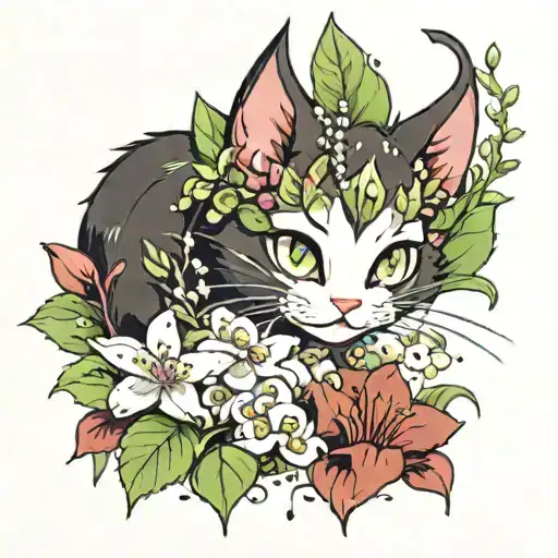 Cute Demon Cat Surrounded By Crystals And Lily Of The Valley Flowers