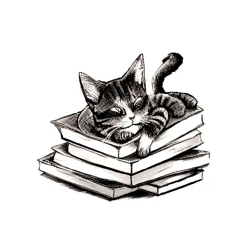 A Stack Of Books With A Cat Curled Up On Top