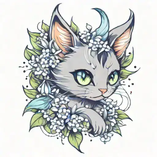 Cute Demon Cat Surrounded By Crystals And Lily Of The Valley Flowers