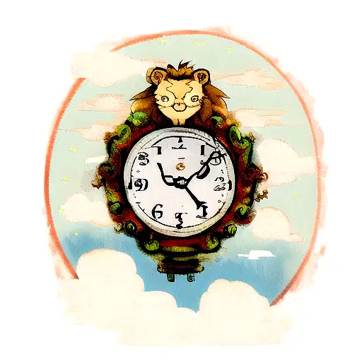 Lion Head With Clouds Behind It And Clock