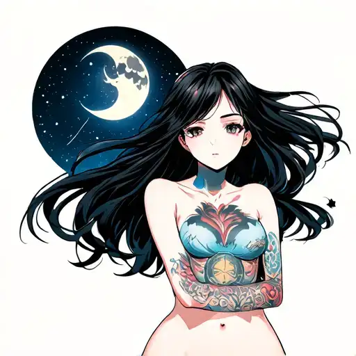 Girl With Big Breasts With A Moon And Trails