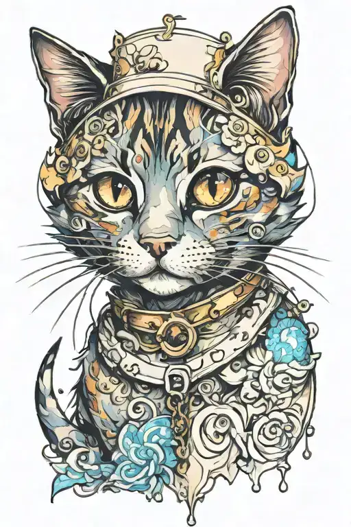 Cute Cat Line Print With Watercolour