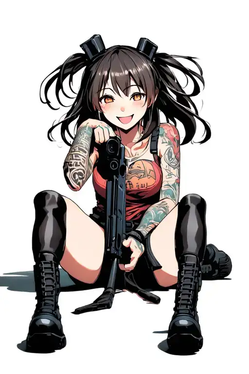 Anime Girl With A Gun Shooting Smile Face Laying Down Tactical Gear
