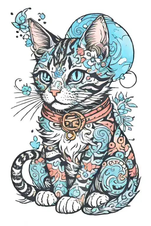 Cute Cat Line Print With Watercolour
