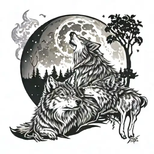 A Family Of Wolves Howling At The Moon
