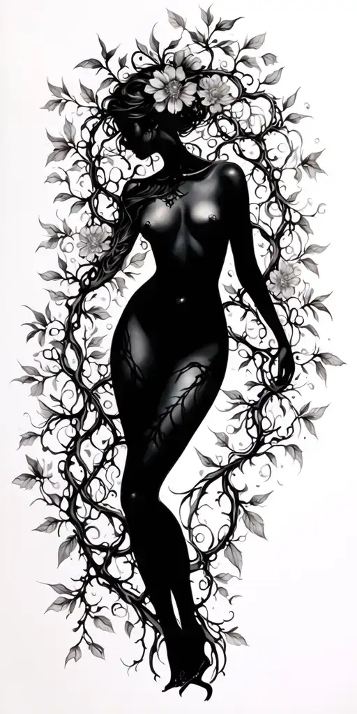 Sensual Woman Full Body Silhouette Intertwined With Vines And Flowers Loosely