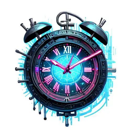 Clock Face With Cyber Punk Elements Like Neon Lights And Wires