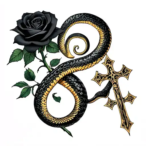 2 Headed Snake And A Black Rose And A Cross