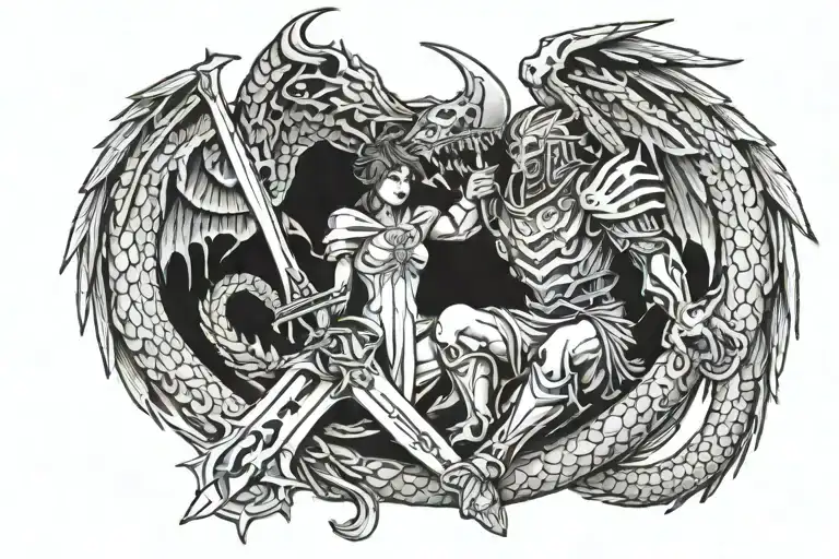 Angel Hold A Sworow And A Injured Dragon Coiled