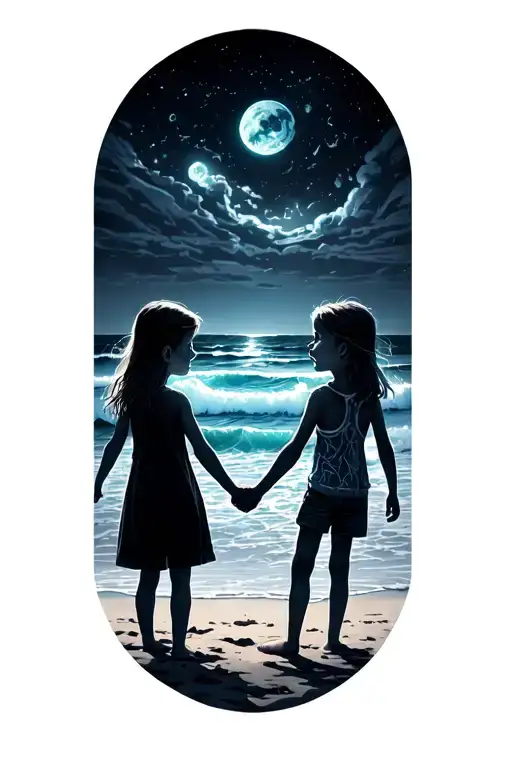 6 Year Old Sister Holding Hands With Her 10 Year Old Brother On The Beach Looking At Each Other