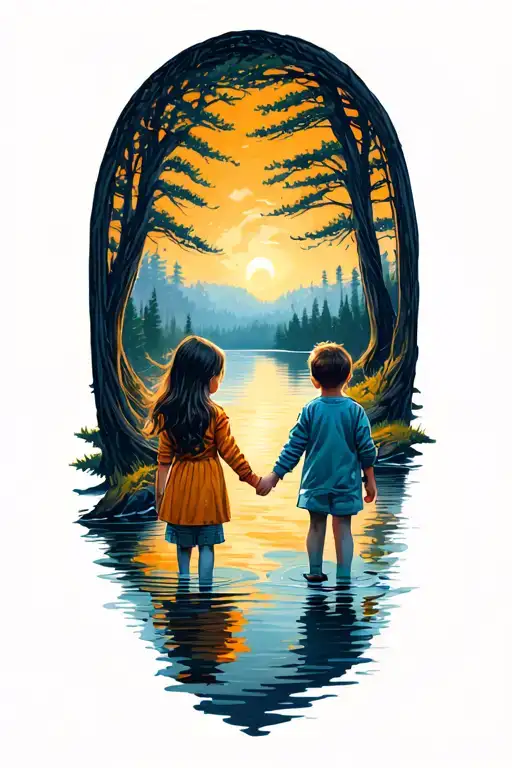 6 Year Old Sister Holding Hands With Her 10 Year Old Brother Next To A River