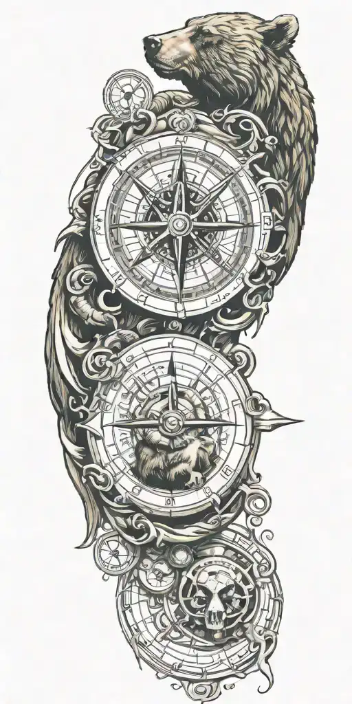 A Compass Intertwined With Elegant Calligraphy Writing Encased In Armor Incorporating A Grizzly Bear