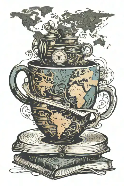 A Coffee Cup Morphing Into A Stack Of Books With A World Map In The Background