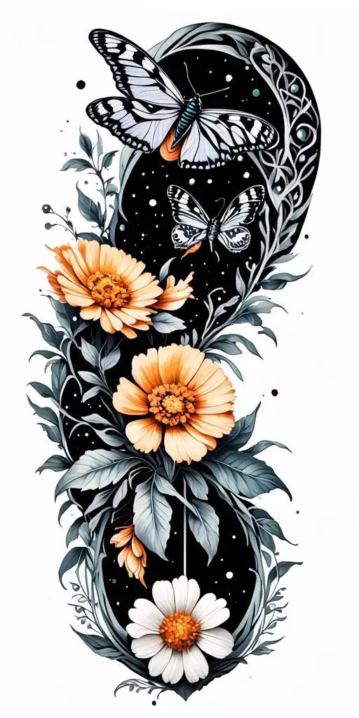 Cosmoas And Marigold Flower And Lunar Moth Surrounded