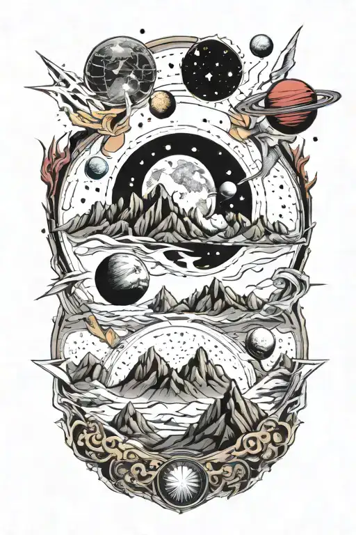 Mountains Leading Into Space With Planets With Red And Gold Cracks